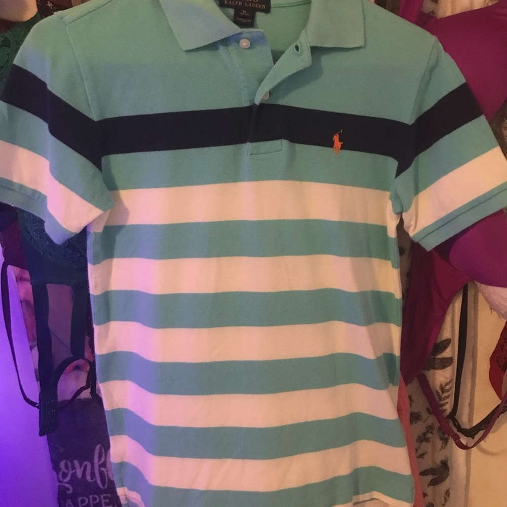 Blue and white striped Ralph L polo shirt